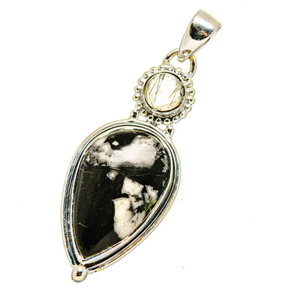 Sterling silver jasper pendant: black teardrop stone with white flecks and light round cabochon