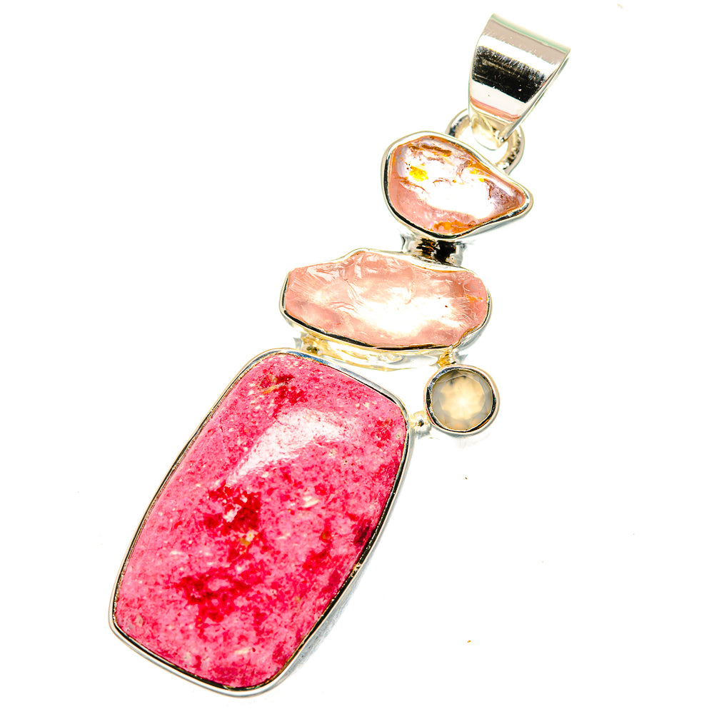 Sterling silver pendant with large pink rectangle stone, plus heart, oval and round stones