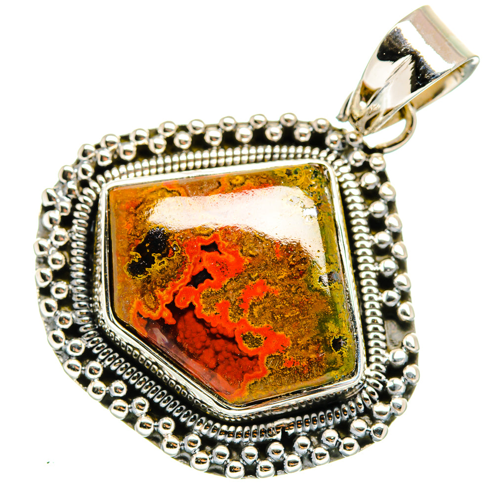 Sterling silver pendant with orange-red and black marbled stone, round beaded frame
