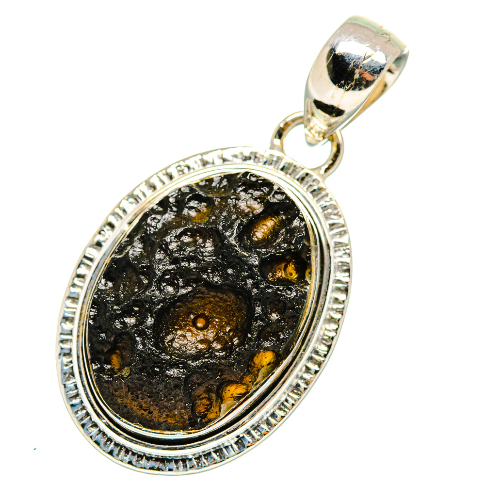 Oval tektite pendant in sterling silver with black stone and gold flecks, loop bail