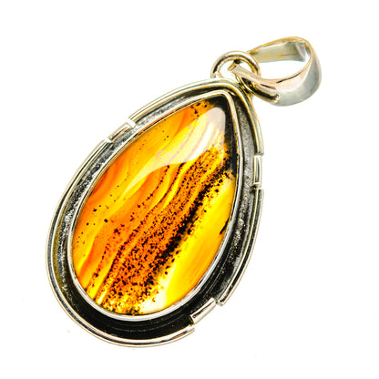 Teardrop agate pendant in 925 sterling silver, yellow-orange stone with speckled bands