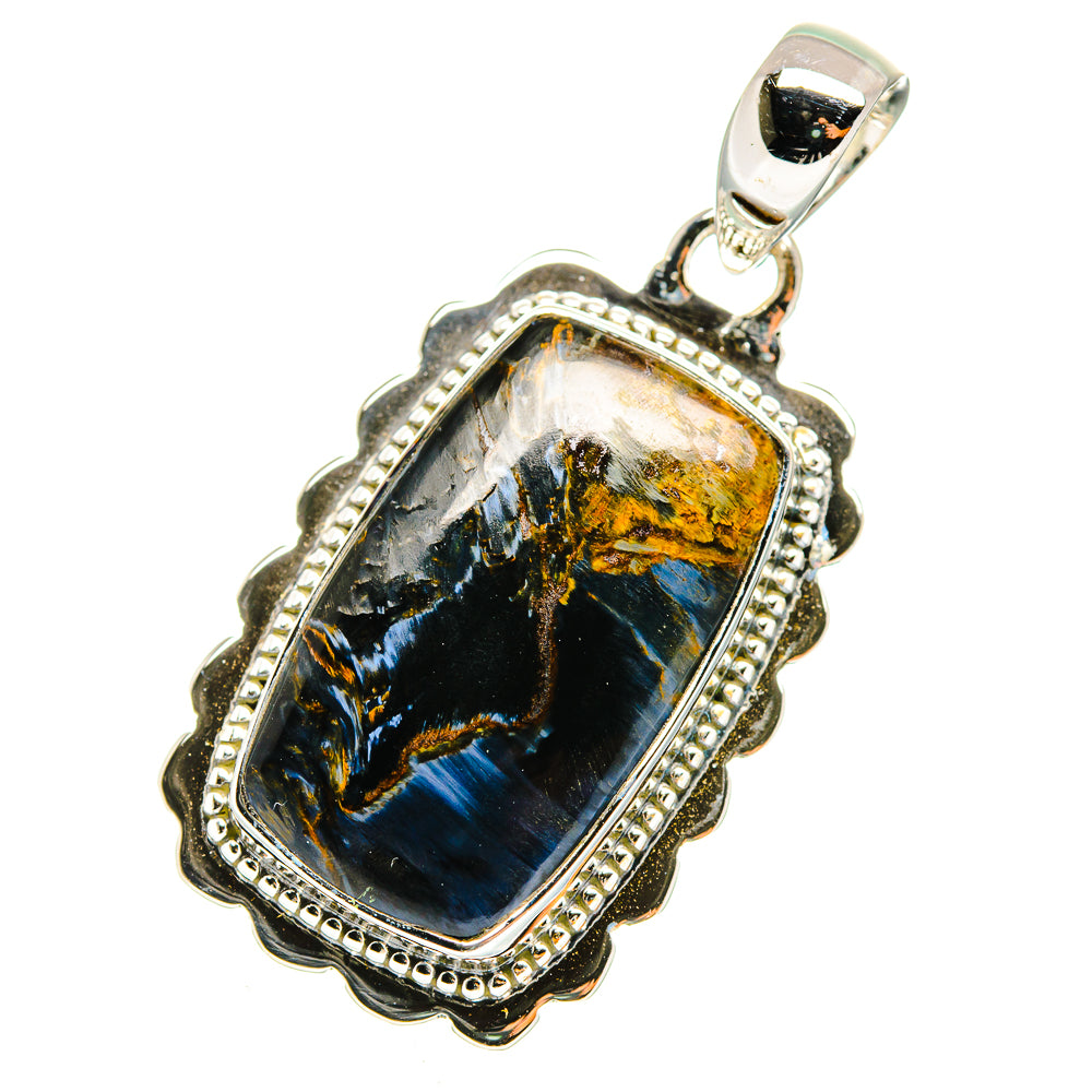 Sterling silver pietersite pendant with ornate scalloped frame and bail, blue and gold stone
