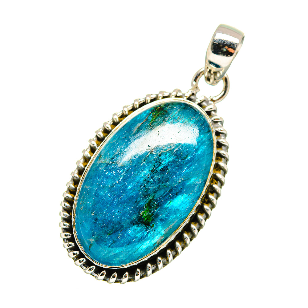 Oval apatite pendant with blue gemstone, silver bezel and bail, 925 sterling look