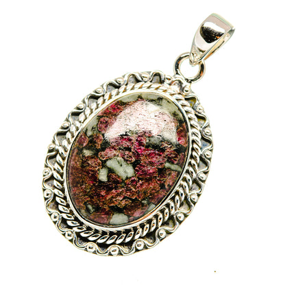 Oval Russian eudialyte pendant with 925 sterling silver ornate bezel and bail, red-green stone