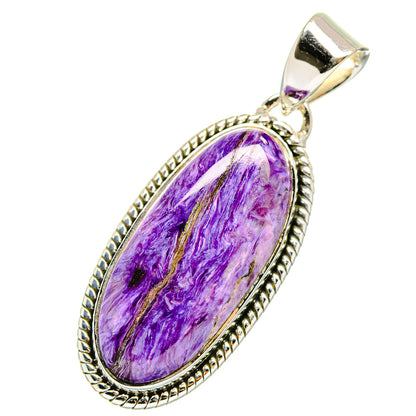 Sterling silver charoite pendant with oval purple gemstone cabochon