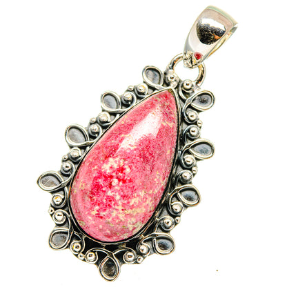 Thulite teardrop pendant with pink-red stone, 925 sterling silver decorative frame