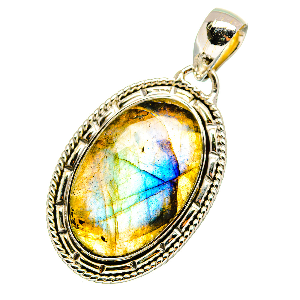 Oval labradorite gemstone pendant, ornate silver bezel with bail and bright blue streak