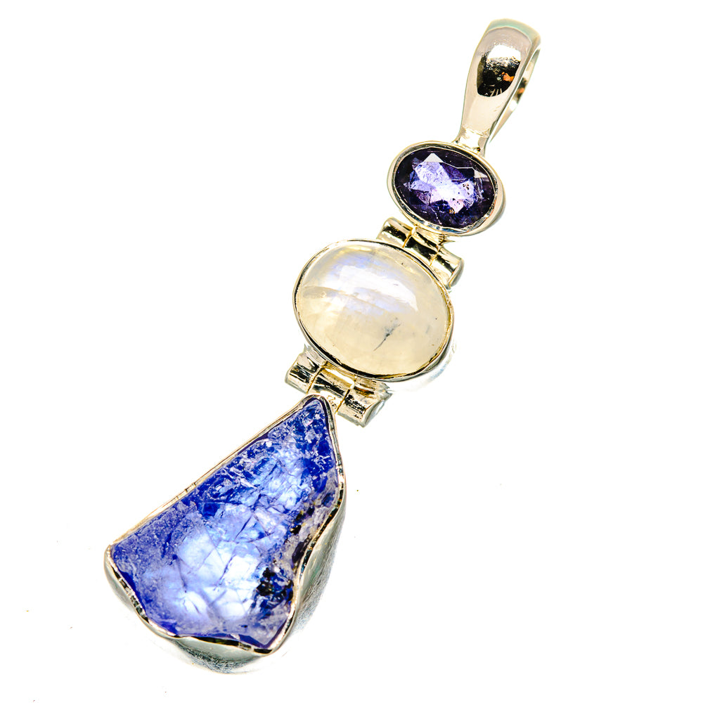 Sterling silver pendant in gold tone with oval moonstone, purple round stone, blue teardrop