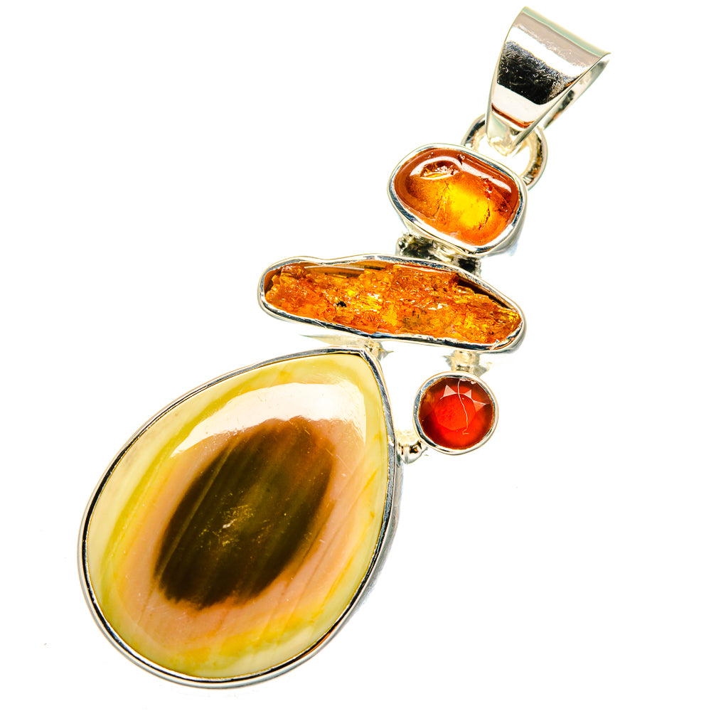 Sterling silver pendant with large oval yellow stone, orange jasper, and small red round gem