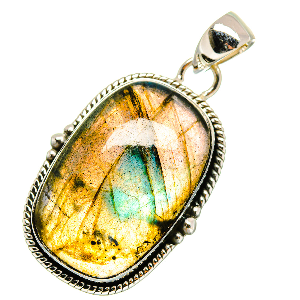 Oval labradorite pendant with iridescent gold-blue flash and silver bezel, top bail