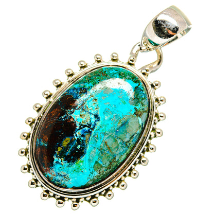 Oval chrysocolla pendant with turquoise cabochon, 925 sterling silver bezel and bail