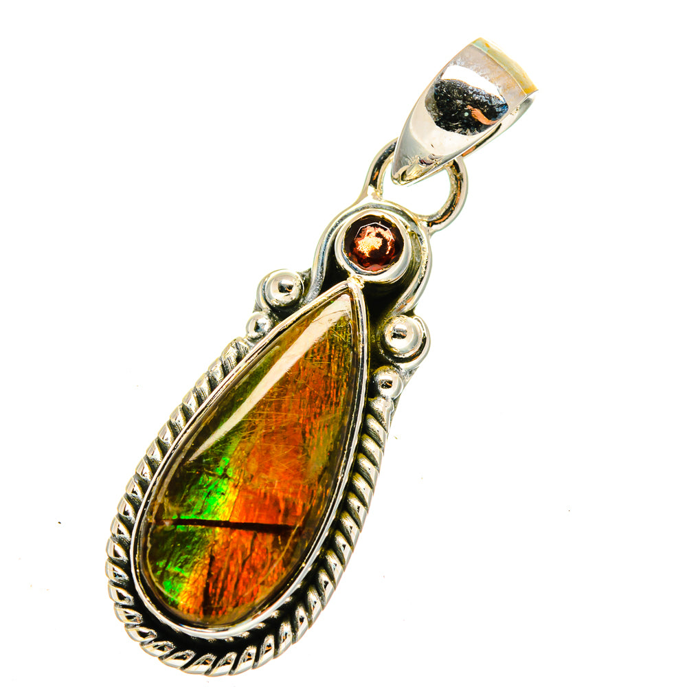 925 sterling silver garnet pendant with round garnet accent and teardrop iridescent stone bail