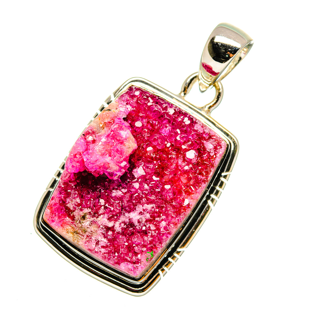 Pink druzy agate pendant with silver-tone bezel and loop bail, rectangular frame