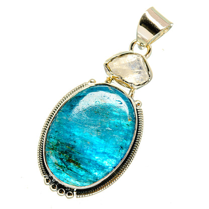 Apatite and moonstone pendant, oval blue stone with silver prong bezel and bail