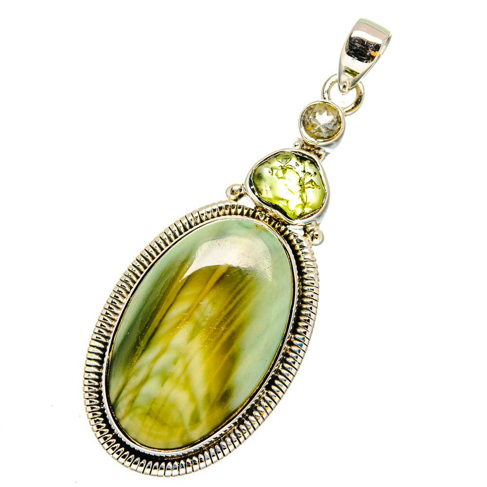 Oval green jasper pendant with textured sterling silver bezel, small round accent stones, top bail