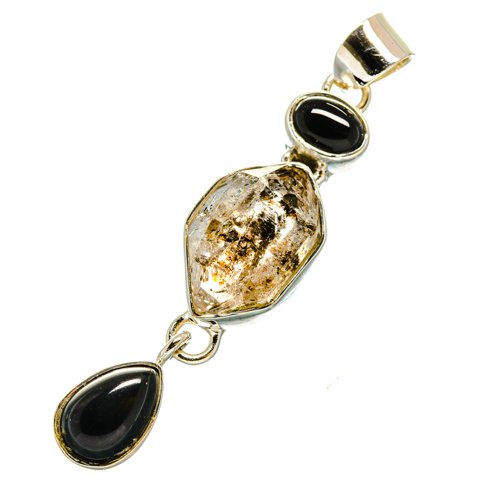 Sterling silver pendant with teardrop black onyx and oval herkimer-style crystal links