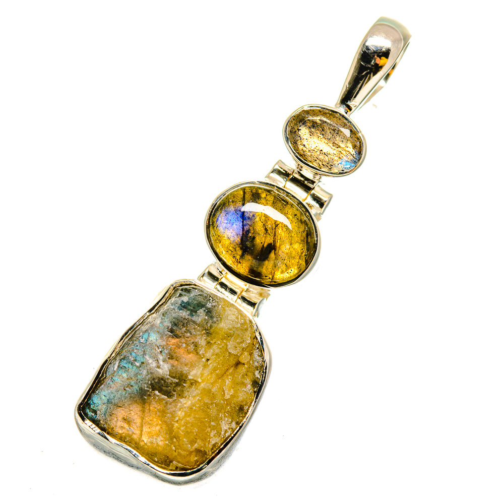Rough labradorite pendant in 925 sterling silver with three set stones and gold-blue shimmer