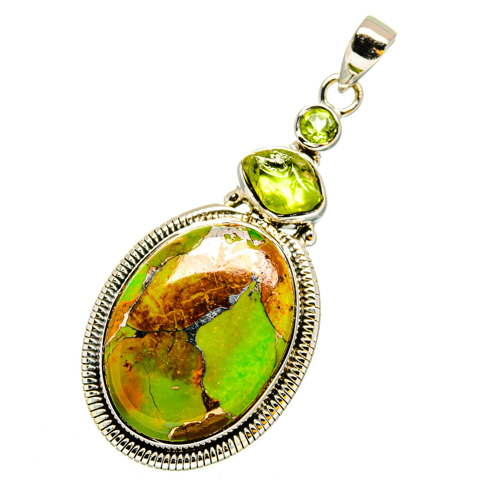 Silver-tone oval pendant with green resin-like stone center and dangling round peridot charm