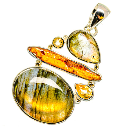Sterling silver pendant with oval green-gold labradorite, orange bar, and yellow citrine
