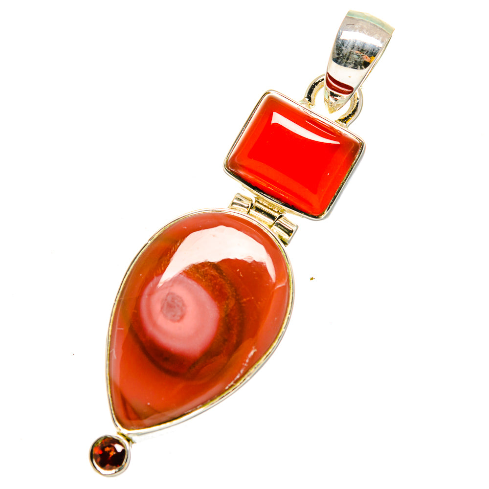 Red gemstone pendant with square top stone, oval teardrop stone, round accent, silver setting
