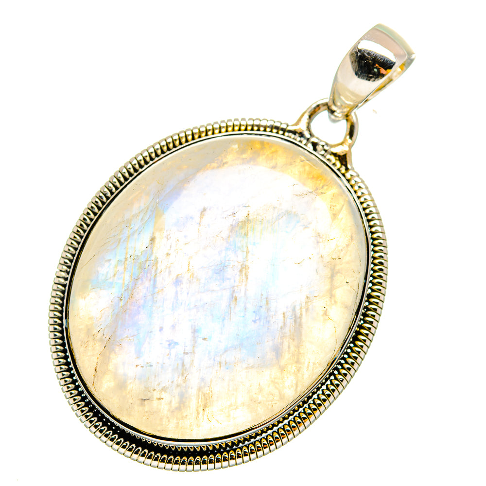Oval moonstone pendant, rainbow shimmer in sterling silver bezel with top bail