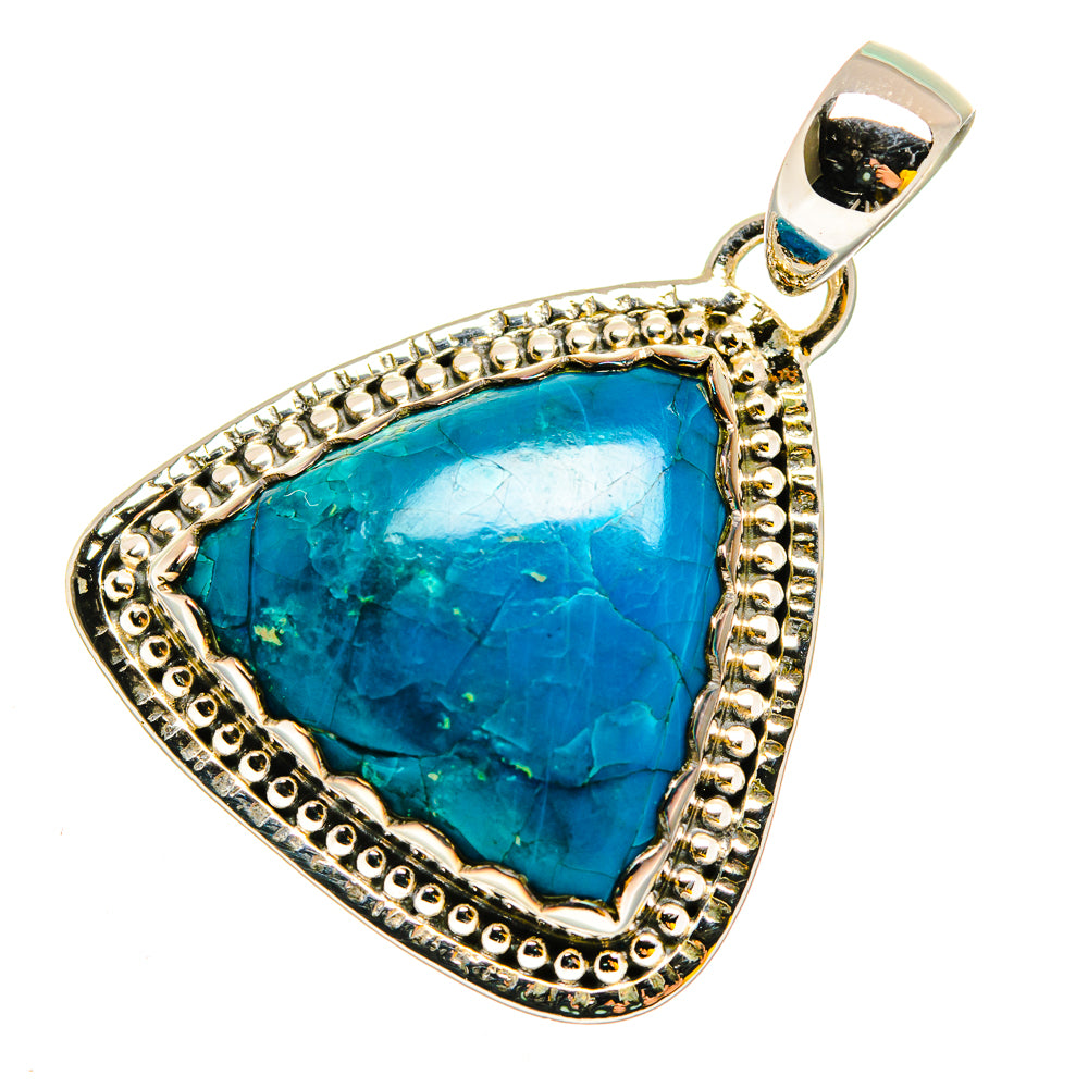 Triangular teardrop chrysocolla pendant with 925 sterling silver border and bail, blue stone