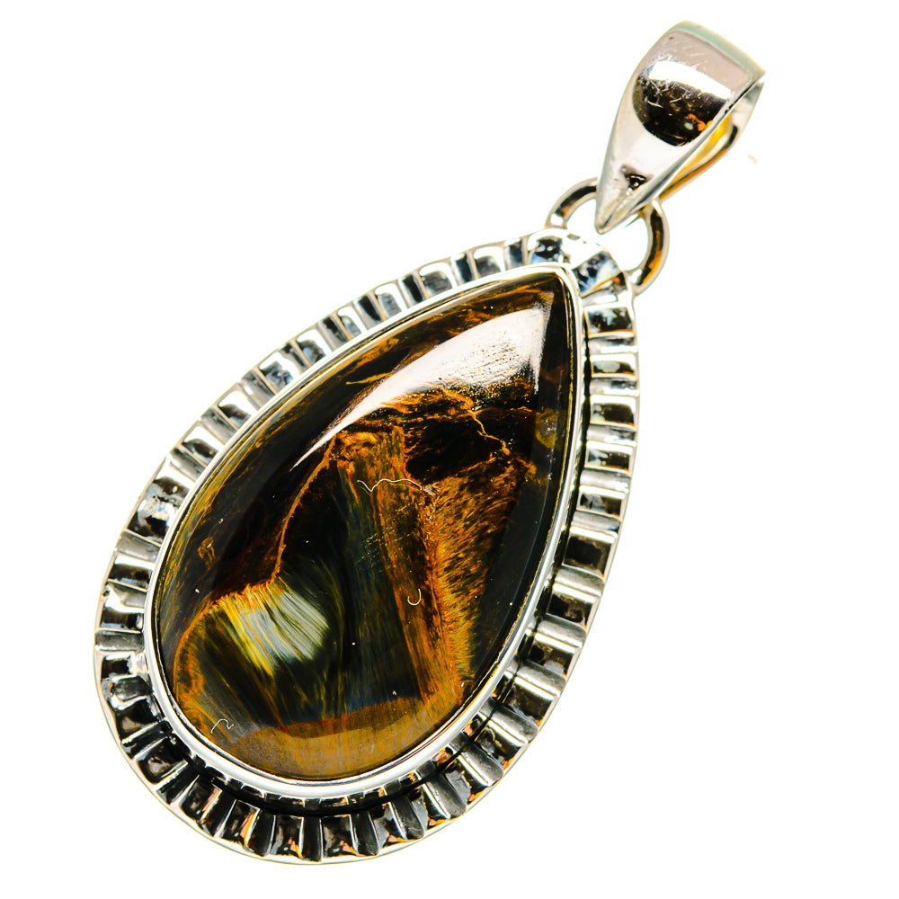 Pietersite teardrop pendant in 925 sterling silver, oval bezel with black and gold stone