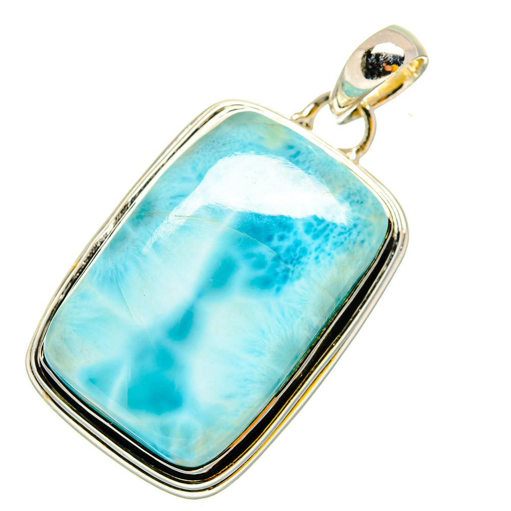 Larimar pendant in 925 sterling silver, rectangular blue stone with open bail