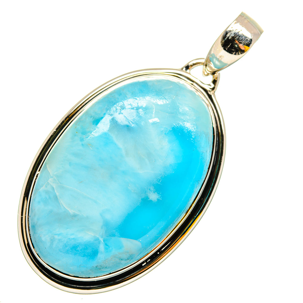 Larimar oval pendant with sterling silver frame and top loop bail, bright blue stone.