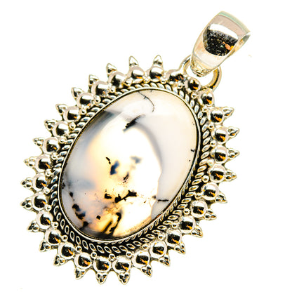 Dendritic opal oval pendant with ornate silver sunburst bezel and loop bail