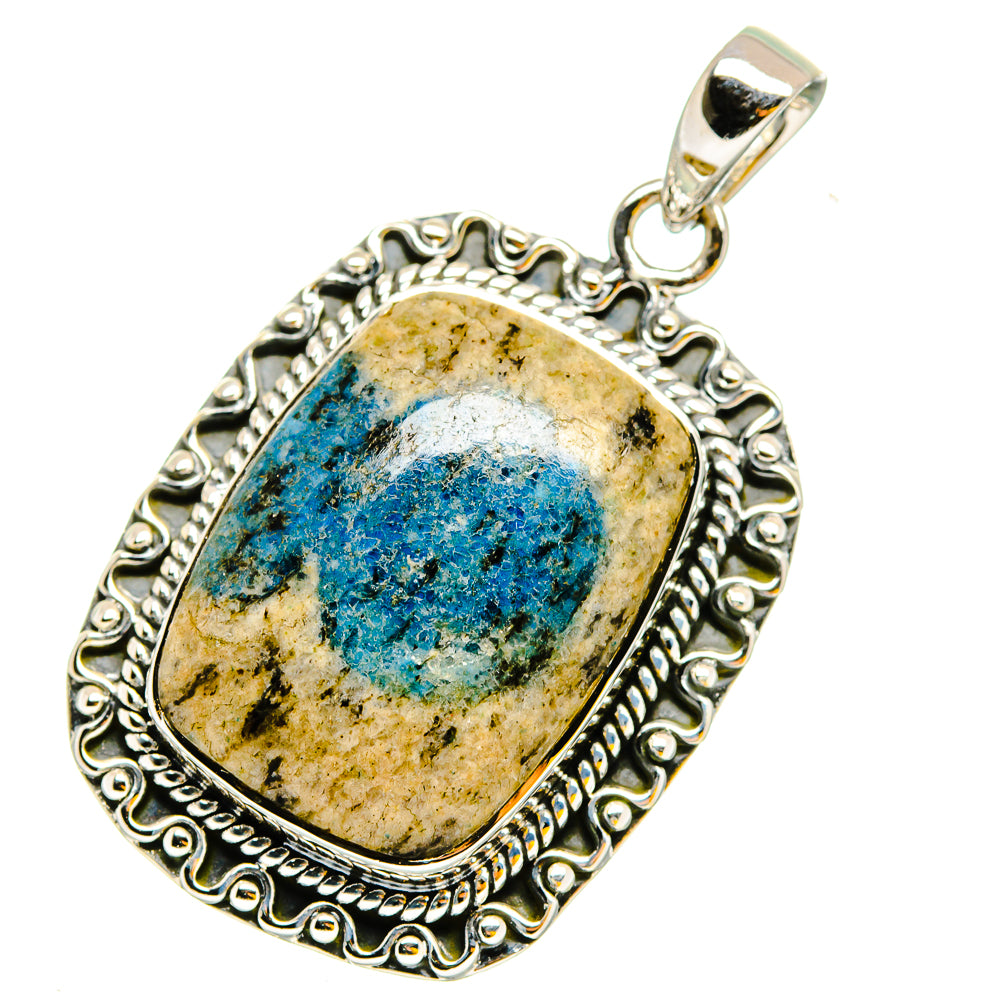 Oval blue azurite stone pendant in ornate 925 sterling silver bezel with bail