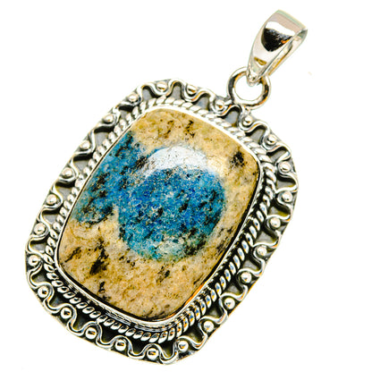 Oval blue azurite stone pendant in ornate 925 sterling silver bezel with bail