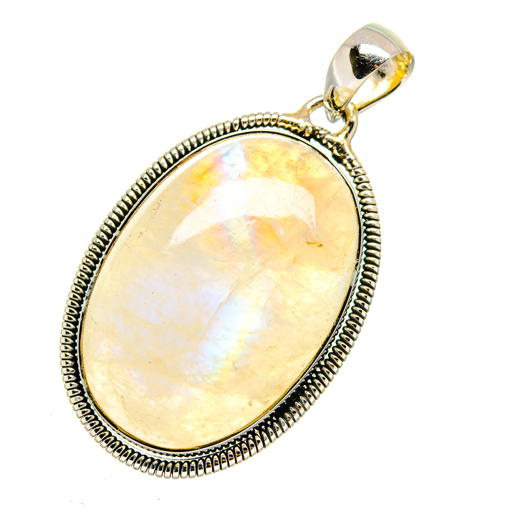 Oval opalescent moonstone pendant with 925 sterling silver beaded edge and top bail