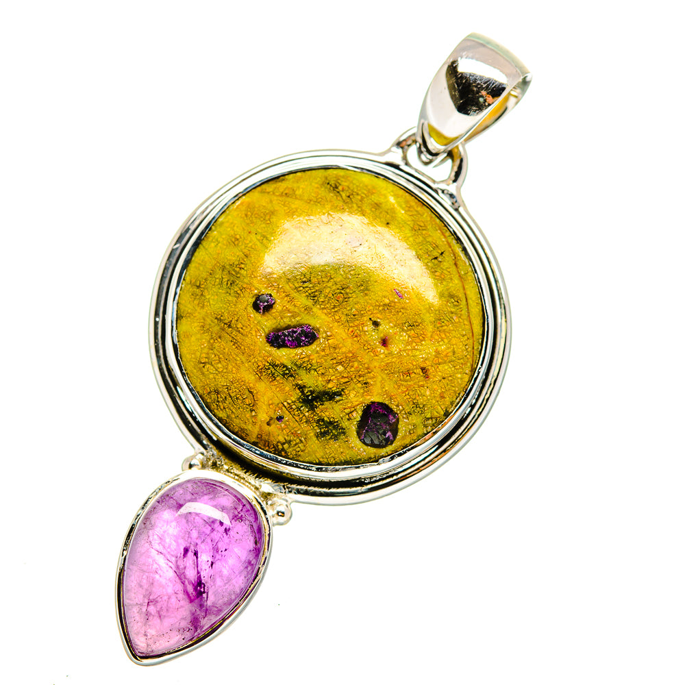 Sterling silver amethyst pendant with round yellow stone and dangling teardrop amethyst