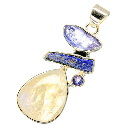 Sterling silver gemstone pendant with oval moonstone, blue lapis bar, and tanzanite teardrop