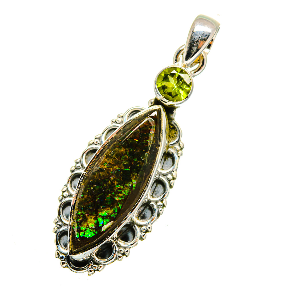 Sterling silver pendant with green round peridot and dark green ammolite teardrop
