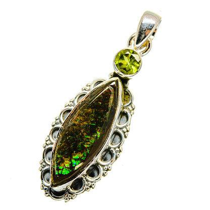 Sterling silver pendant with green round peridot and dark green ammolite teardrop