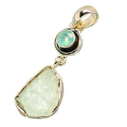 Aquamarine pendant charm in 925 silver, round bezel top with rough teardrop stone