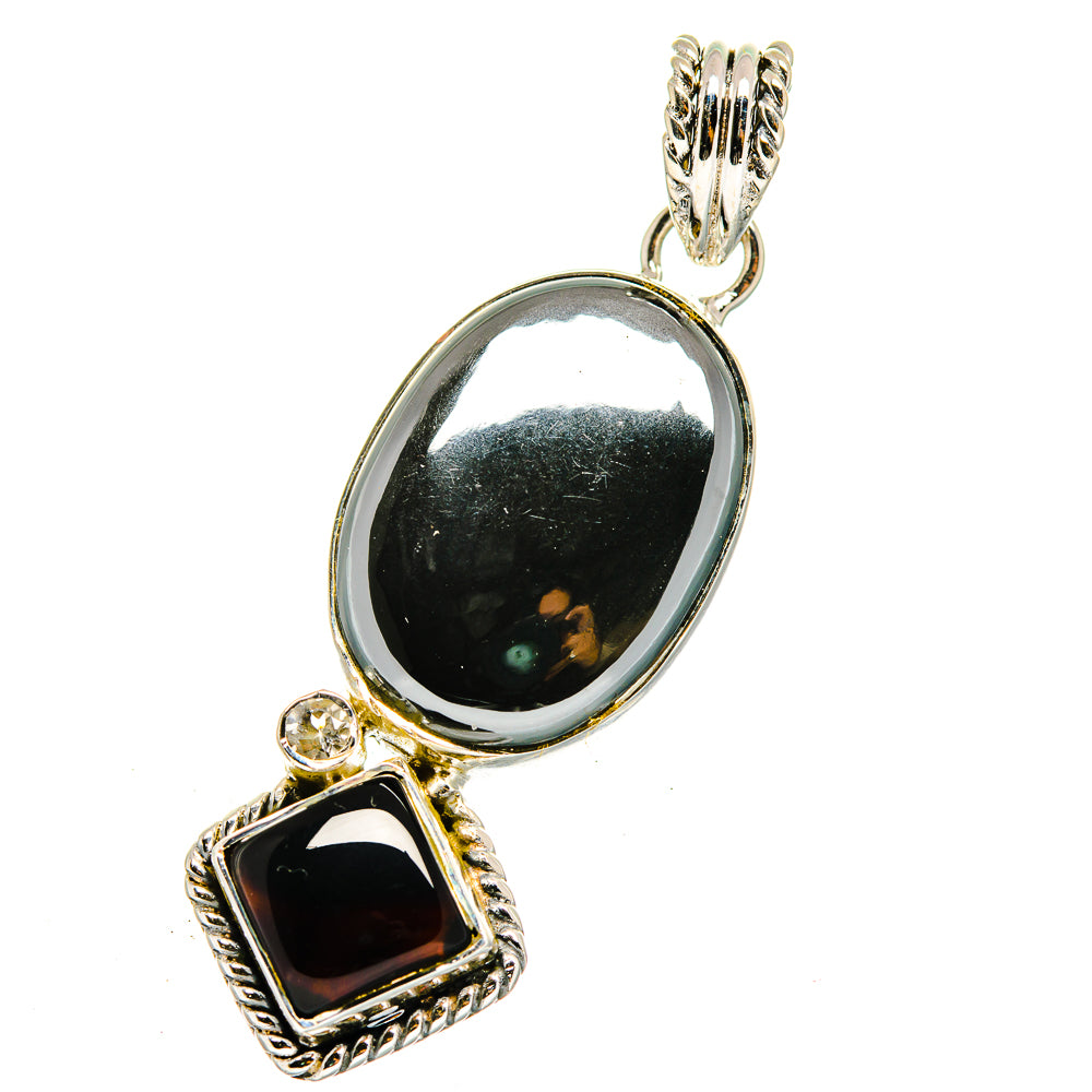 Sterling silver pendant, bezel-set black oval stone with black square accent