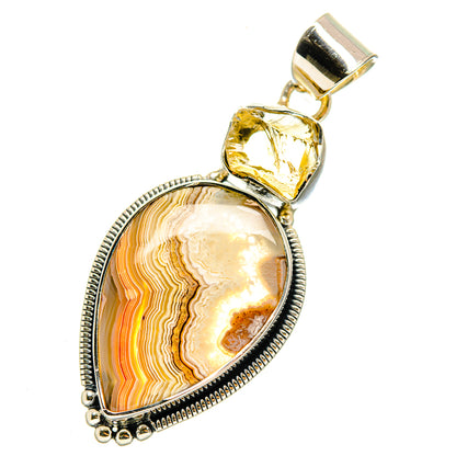 Sterling silver pendant with lace agate drop and yellow citrine square, bail and beaded rim