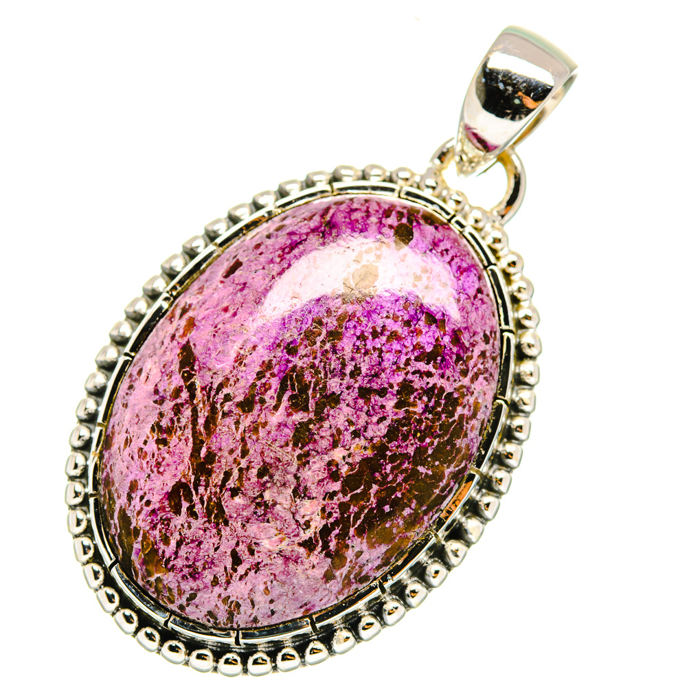 Oval stichtite pendant with pink-purple stone set in silver bezel and loop bail