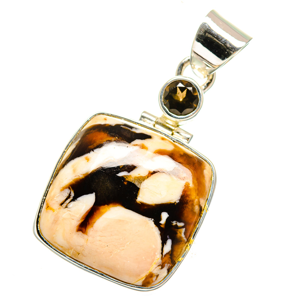 Sterling silver pendant with amber, black, and cream stone framed by dark round bezel