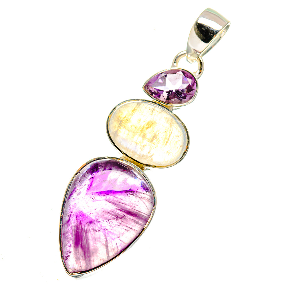 Sterling silver three-stone pendant with purple amethyst and iridescent moonstone