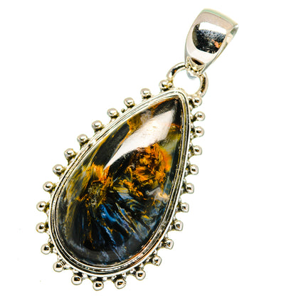 Sterling silver pietersite teardrop pendant with round bead-edge bezel