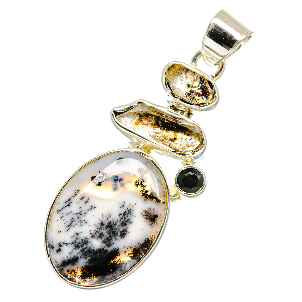 Sterling silver pendant with oval white dendritic opal, black onyx, and gold-toned stone