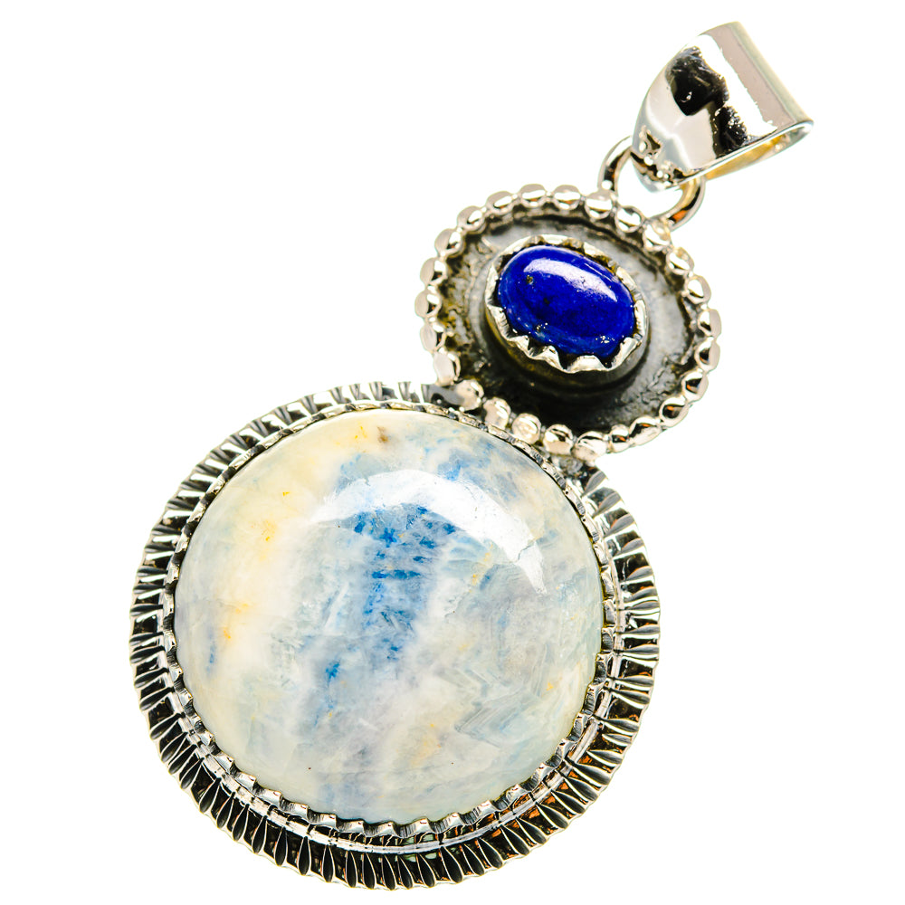 Sterling silver pendant with oval opalescent cabochon and blue scheelite in bezel