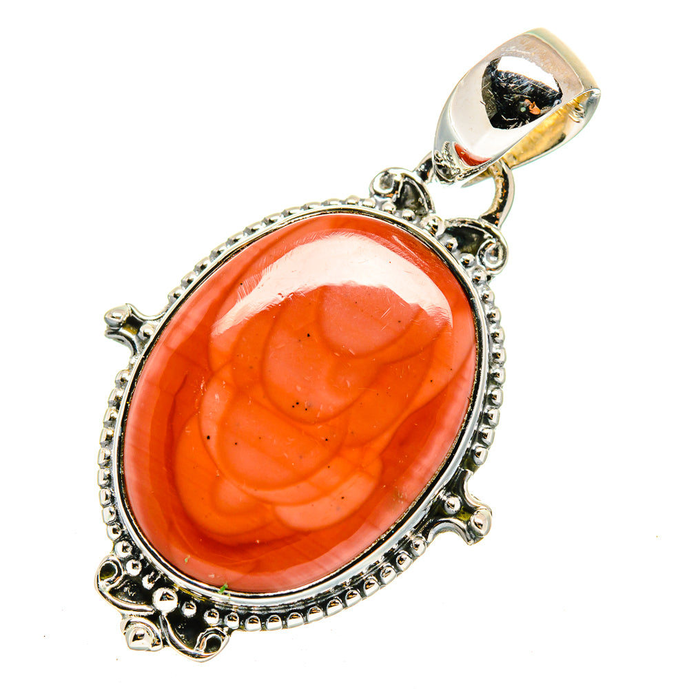 Oval orange imperial jasper sterling silver pendant with decorative bead border and loop bail