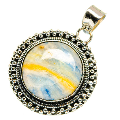 Oval blue scheelite pendant in sterling silver, textured bezel and bale with loop
