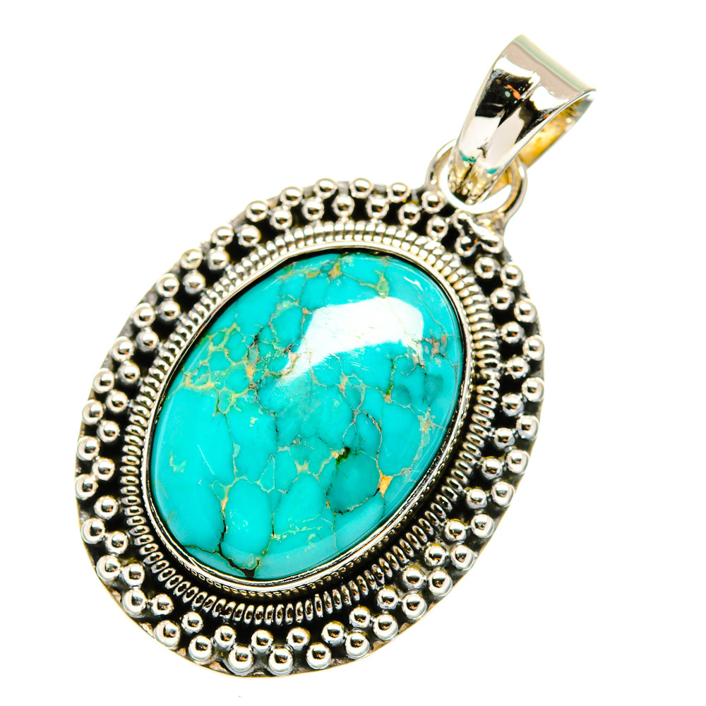 Turquoise oval pendant in 925 sterling silver with bead border and hinged bail