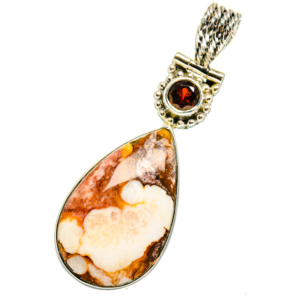 Wild horse jasper teardrop pendant with round garnet stone and silver bail